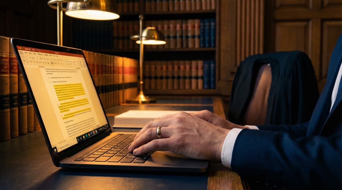 Attorney reviewing AI ethics guidelines for court filings on a laptop