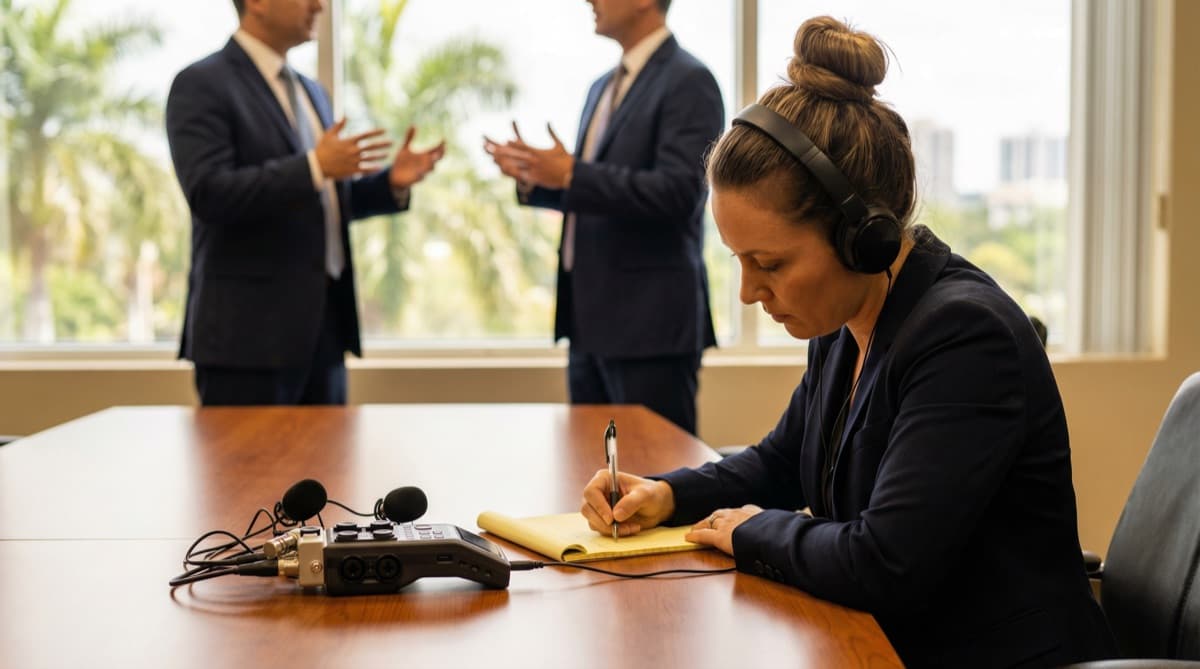 Digital court reporter working late on an urgent deposition transcript