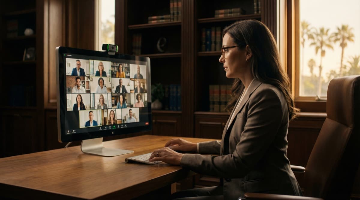 Attorney on camera during a remote video deposition session