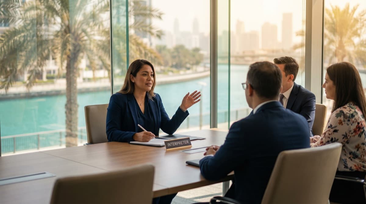 Certified court interpreter providing real-time translation during a legal proceeding in a South Florida courtroom