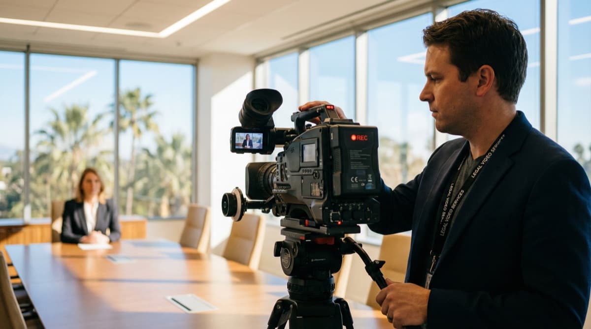 Legal videographer operating professional camera equipment for a deposition