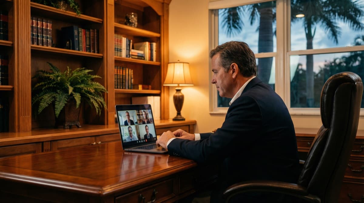 Attorney conducting a remote deposition via Zoom with court reporter present