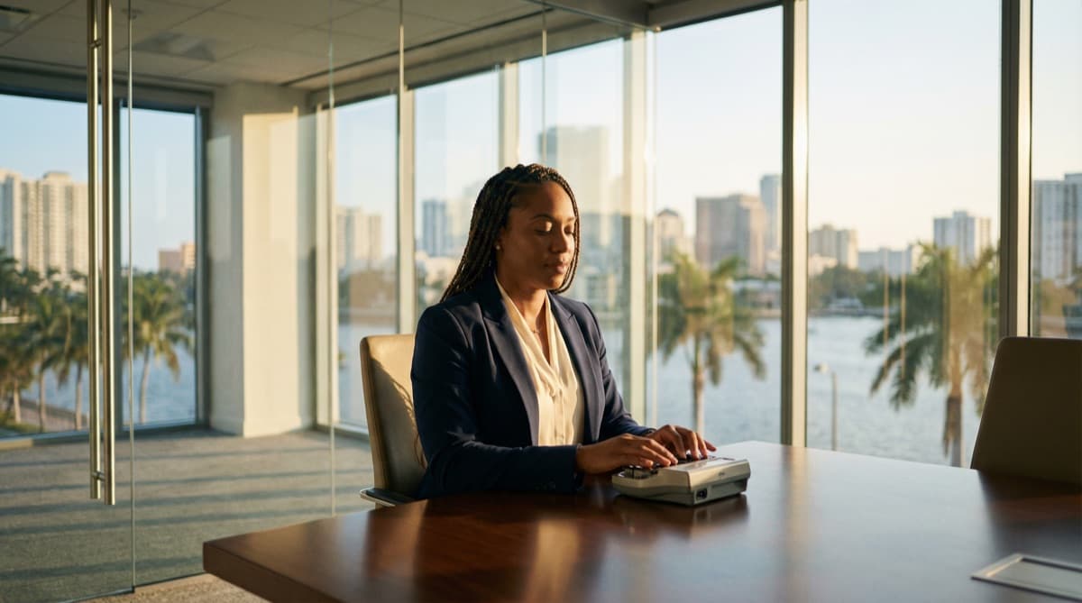 Professional court reporter setting up for a deposition in a Broward County conference room