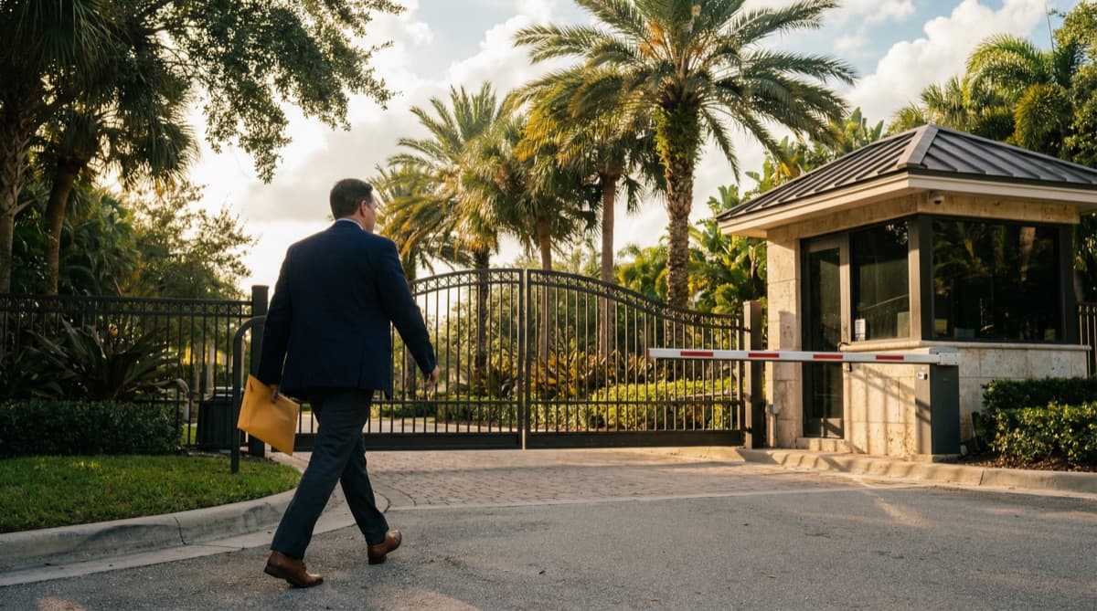 Licensed process server with GPS tracking equipment approaching a gated community