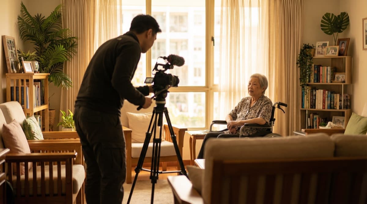 Professional legal videographer filming a day-in-the-life settlement documentary
